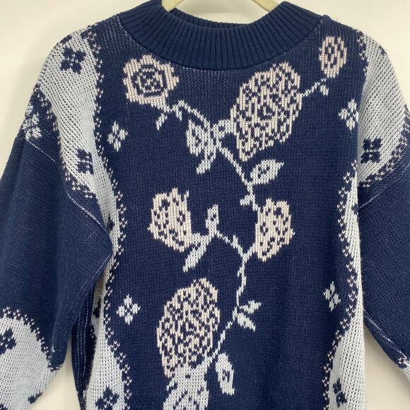 Vintage 80s Sweater Cross Stitch Floral Design Pullover Navy Blue Womens Medium - Picture 2 of 6